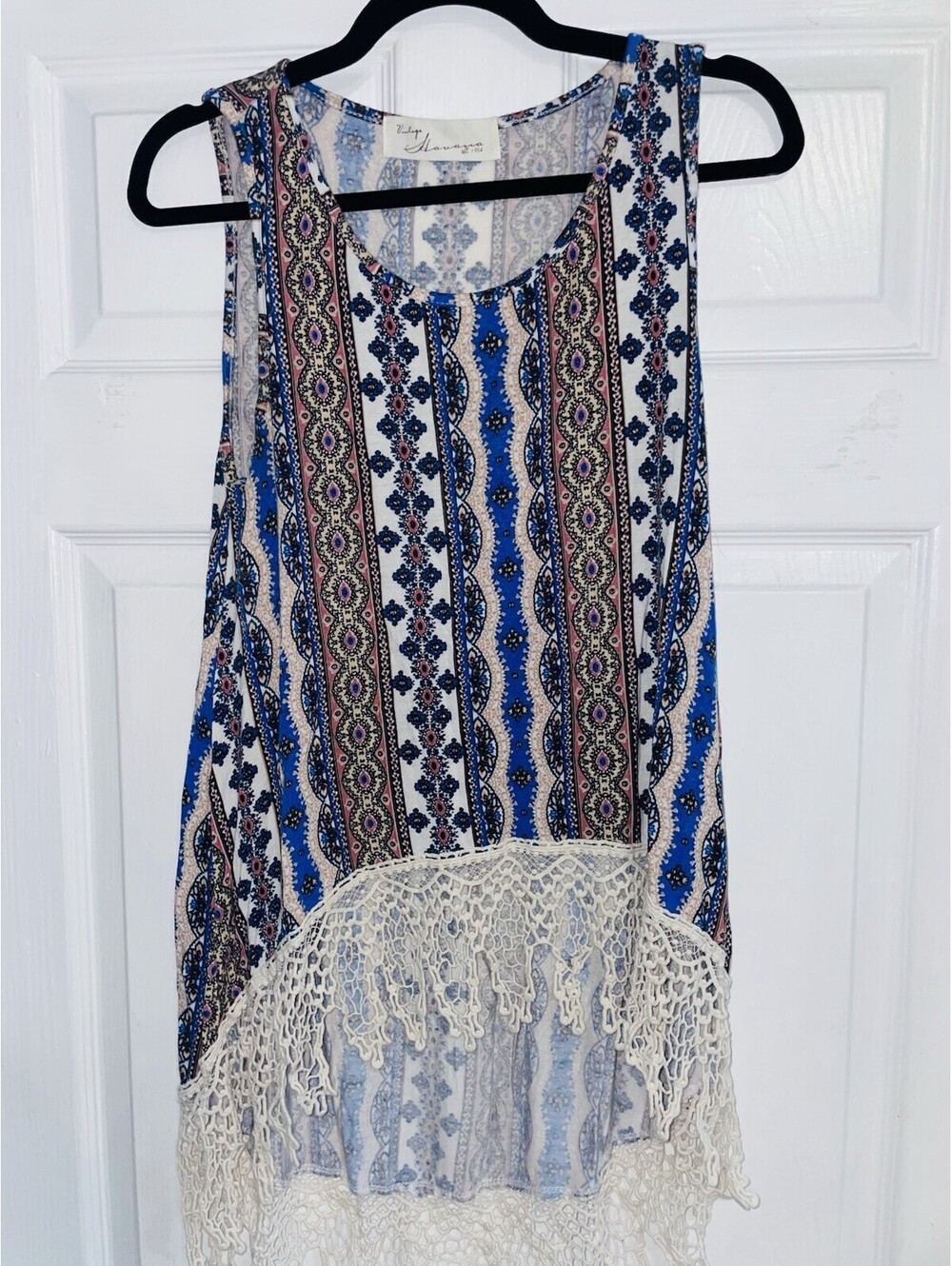 Vintage Havana Striped Fringe Mini Dress top Women's S White